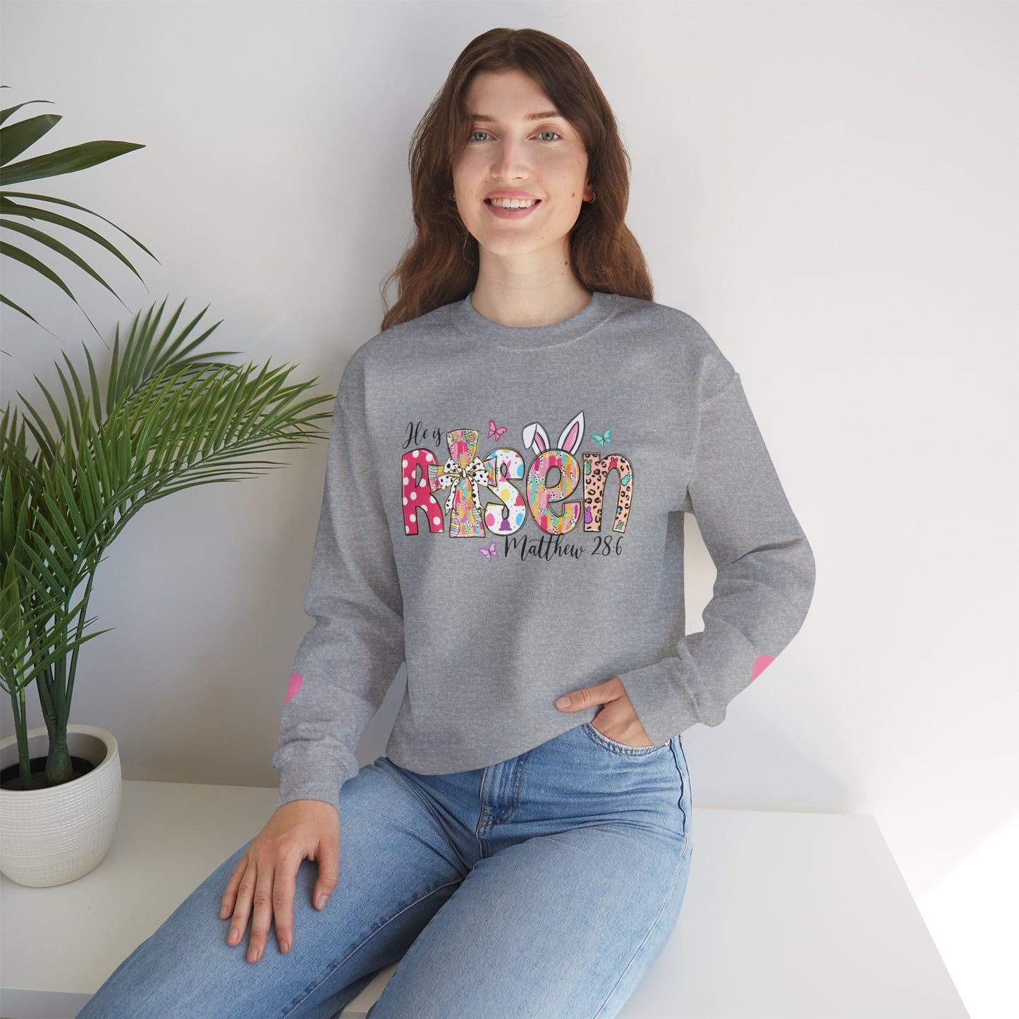 He Is Risen Crewneck Sweatshirt - Colorful Easter Clothing for Men & Women